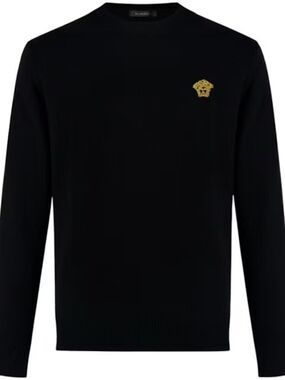 Versace Black Crewneck Sweater with Gold Medusa Patch